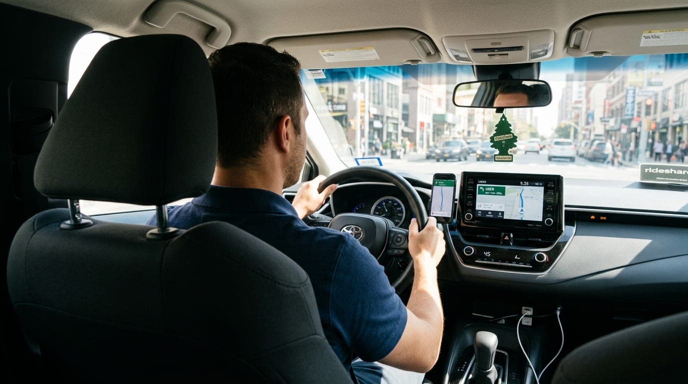 Interior view of a rideshare vehicle with driver visible from behind, dashboard and windshield showing a city street ahead.